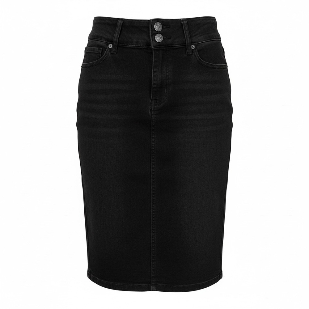 Black Denim Pencil Skirt Back Slit 90s Minimalist Dark Academia Grunge Y2K Sz S